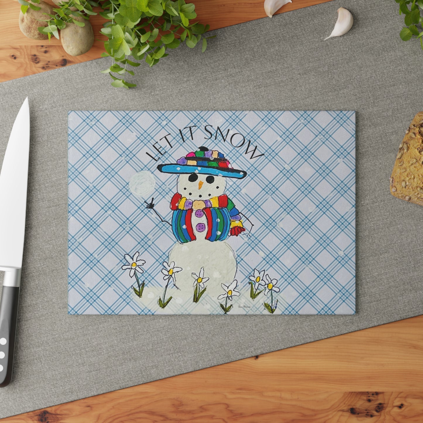 Winter Wonderland Glass Cutting Board – Festive Kitchen Decor, Holiday Gift, Cooking and Baking Accessory, Snowman Design
