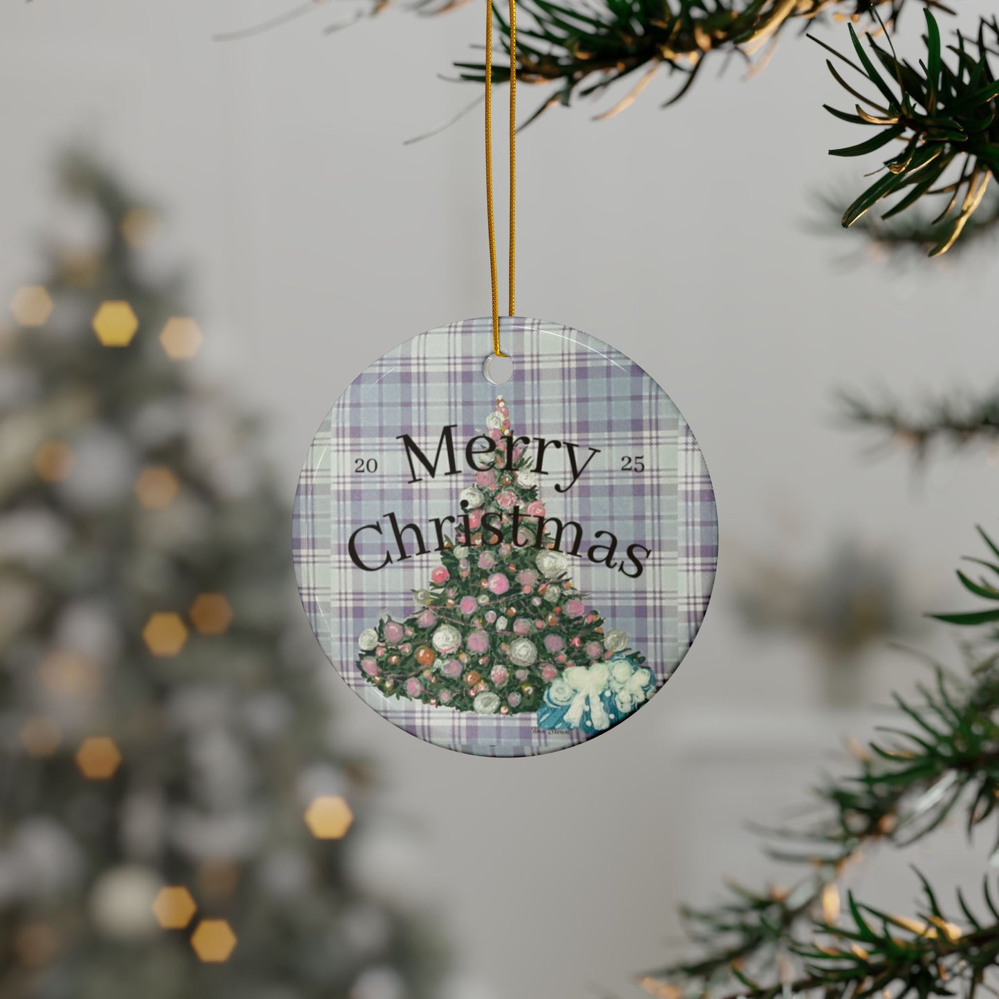 Grey Plaid Christmas Tree Ornament