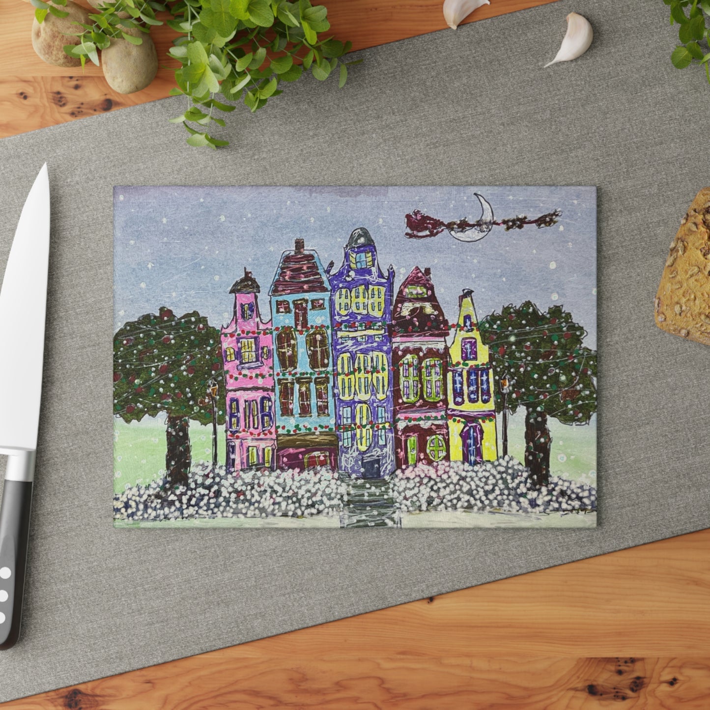 Whimsical Holiday Glass Cutting Board for Kitchen Decor, Unique Gift for Home Chefs, Festive Kitchenware, Christmas Decor, Culinary Art