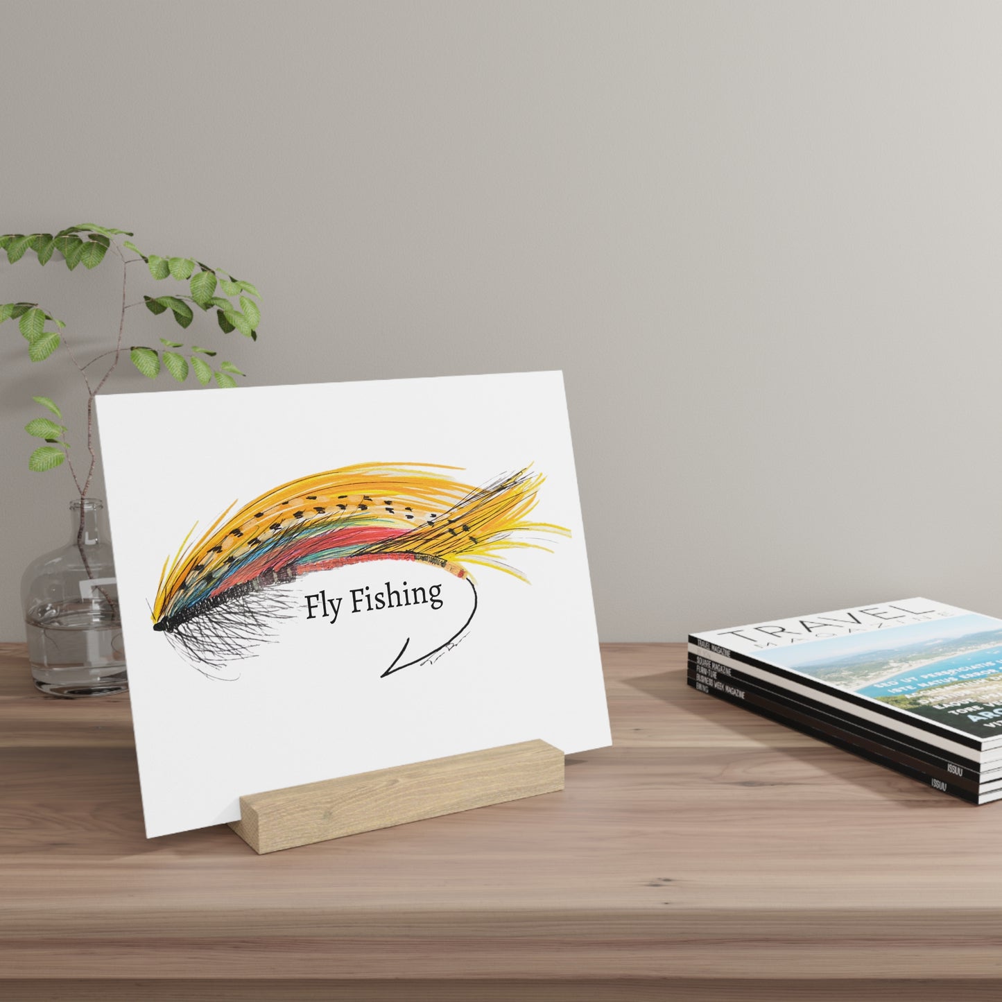 Yellow Fly Fishing Lure Art Print Gallery Board with Stand - Fishing Decor