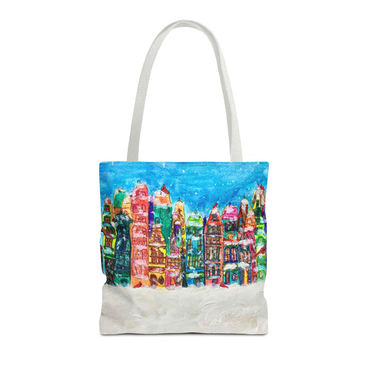 Winter Wonderland Tote Bag, Colorful Cityscape Carryall, Holiday Gift, Christmas Shopping Bag, Reusable Eco-Friendly Style