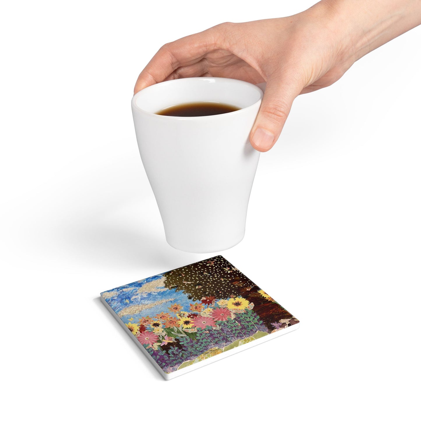 Floral Art Ceramic Coaster - Vibrant Garden Design for Home Decor