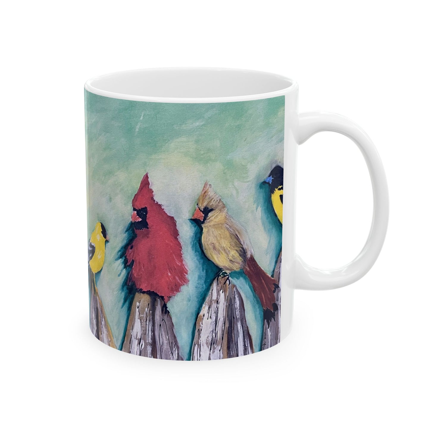 Wild Birds on a Fence Ceramic Mug, 11oz