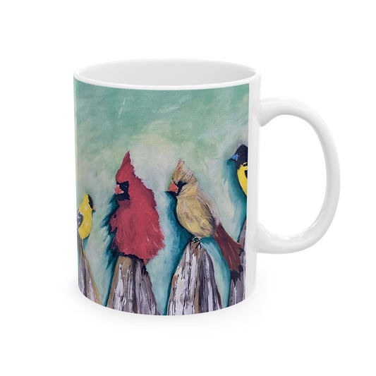 Wild Birds on a Fence Ceramic Mug, 11oz