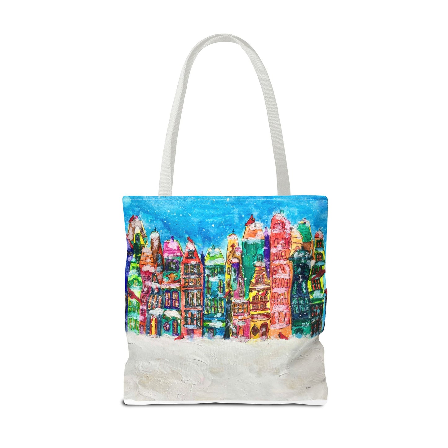 Winter Wonderland Tote Bag, Colorful Cityscape Carryall, Holiday Gift, Christmas Shopping Bag, Reusable Eco-Friendly Style