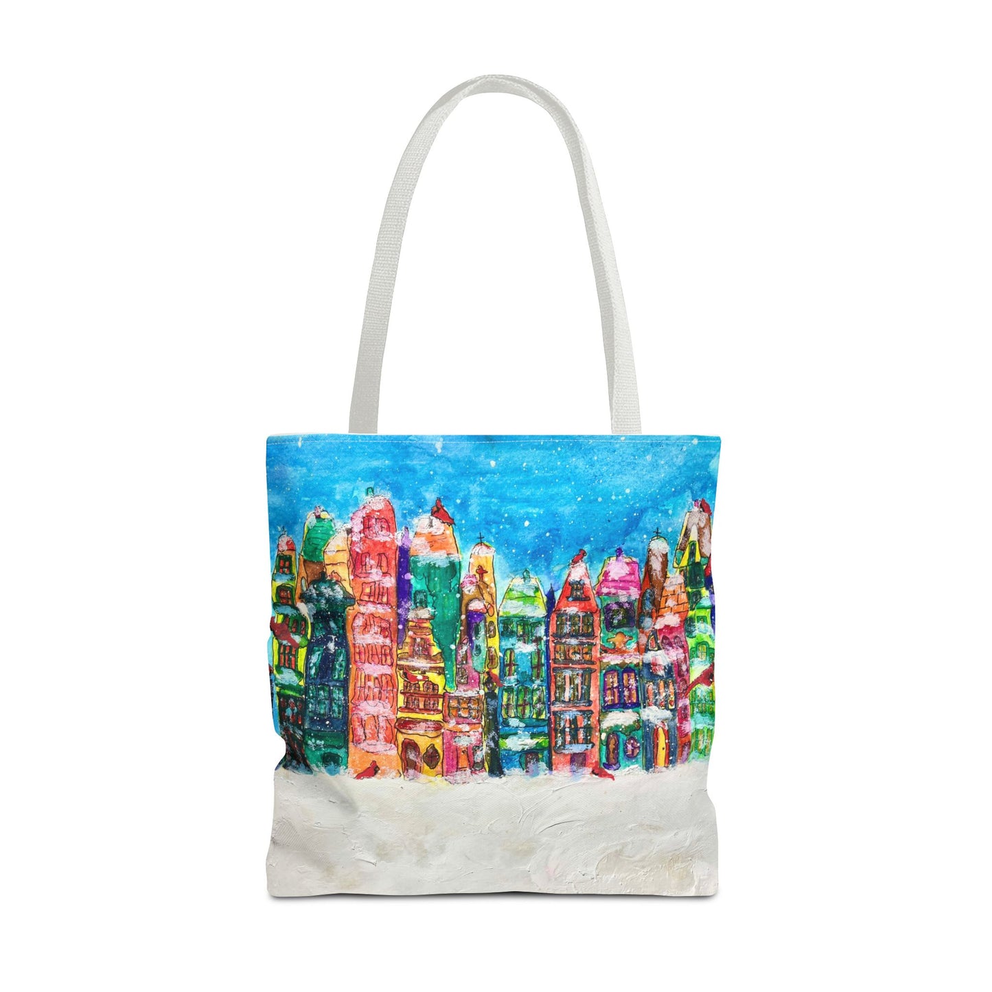 Winter Wonderland Tote Bag, Colorful Cityscape Carryall, Holiday Gift, Christmas Shopping Bag, Reusable Eco-Friendly Style