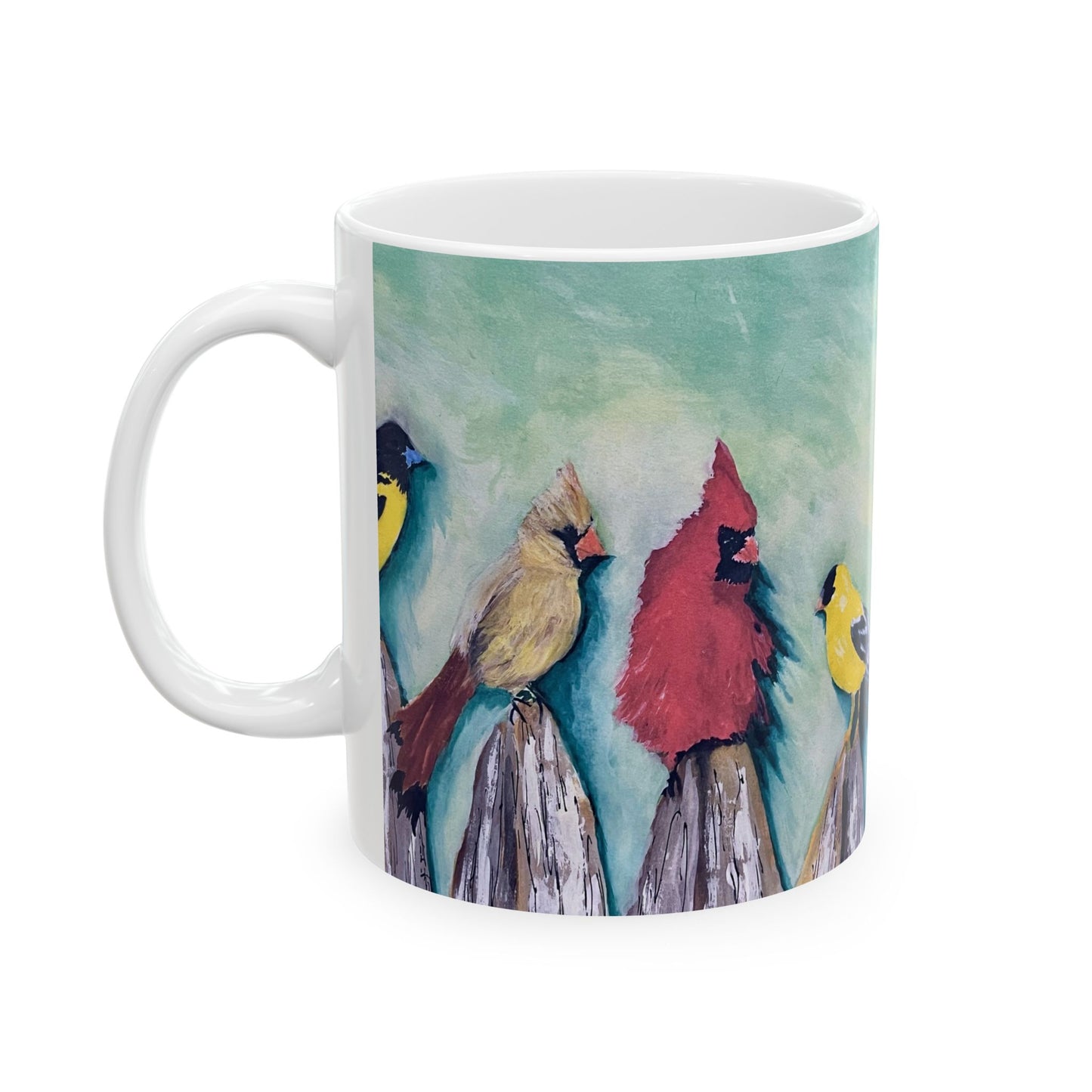 Wild Birds on a Fence Ceramic Mug, 11oz
