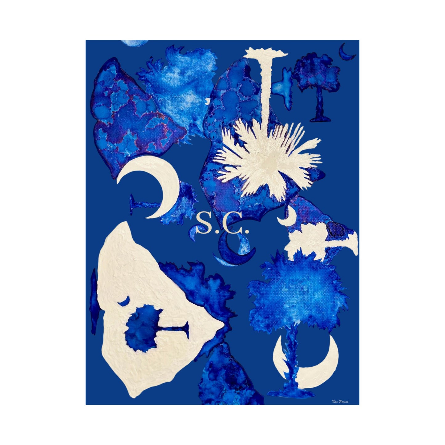 South Carolina Matte Poster - Blue Palm Tree & Moon Design - Artist Tina Brown