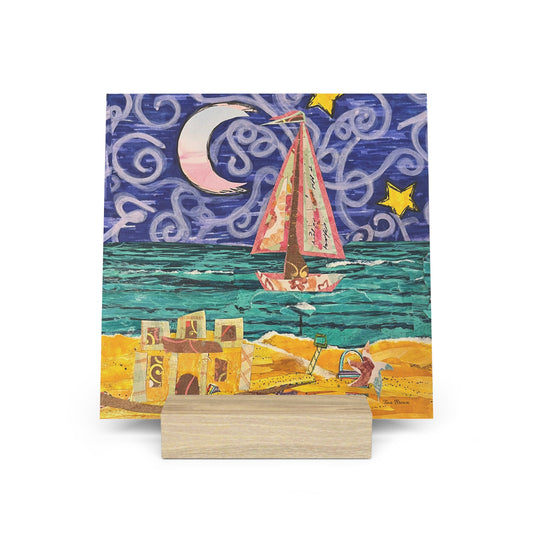 Sail Away Art Print on Board with Wooden Stand - Coastal Sailboat Scene