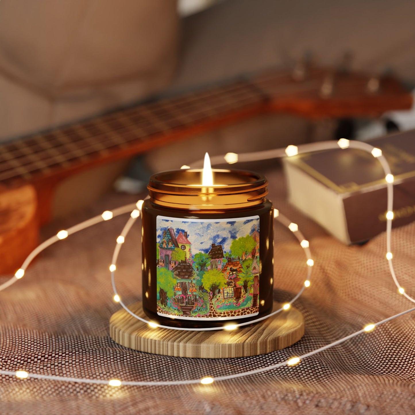 Whimsical Amber Jar Soy Candle with Cozy Village Design, Gift, Home Decor,