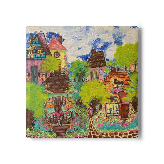 Neighborhood Ceramic Coaster - Colorful Cottage Design for Home Decor