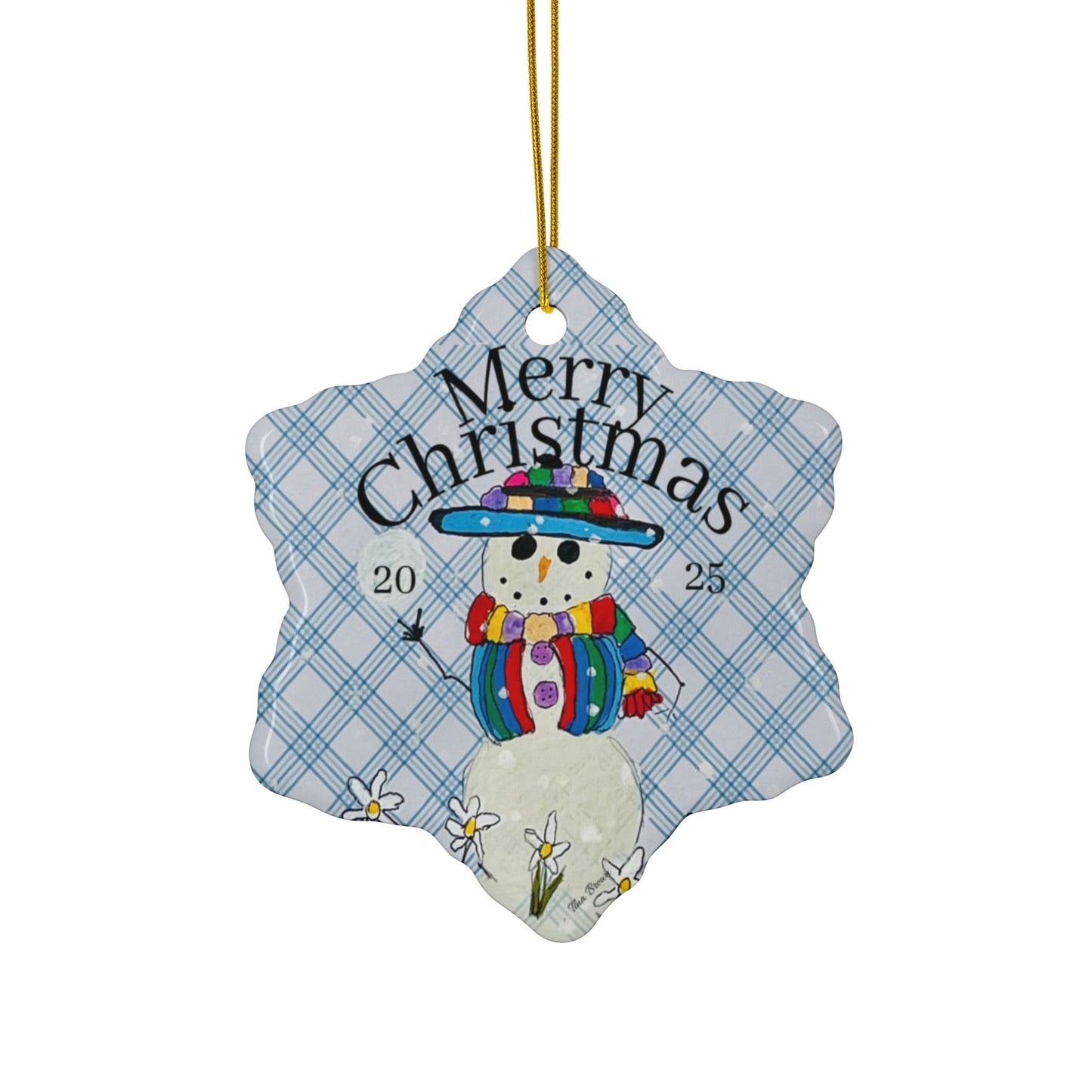 Blue Plaid Snowman Ornament