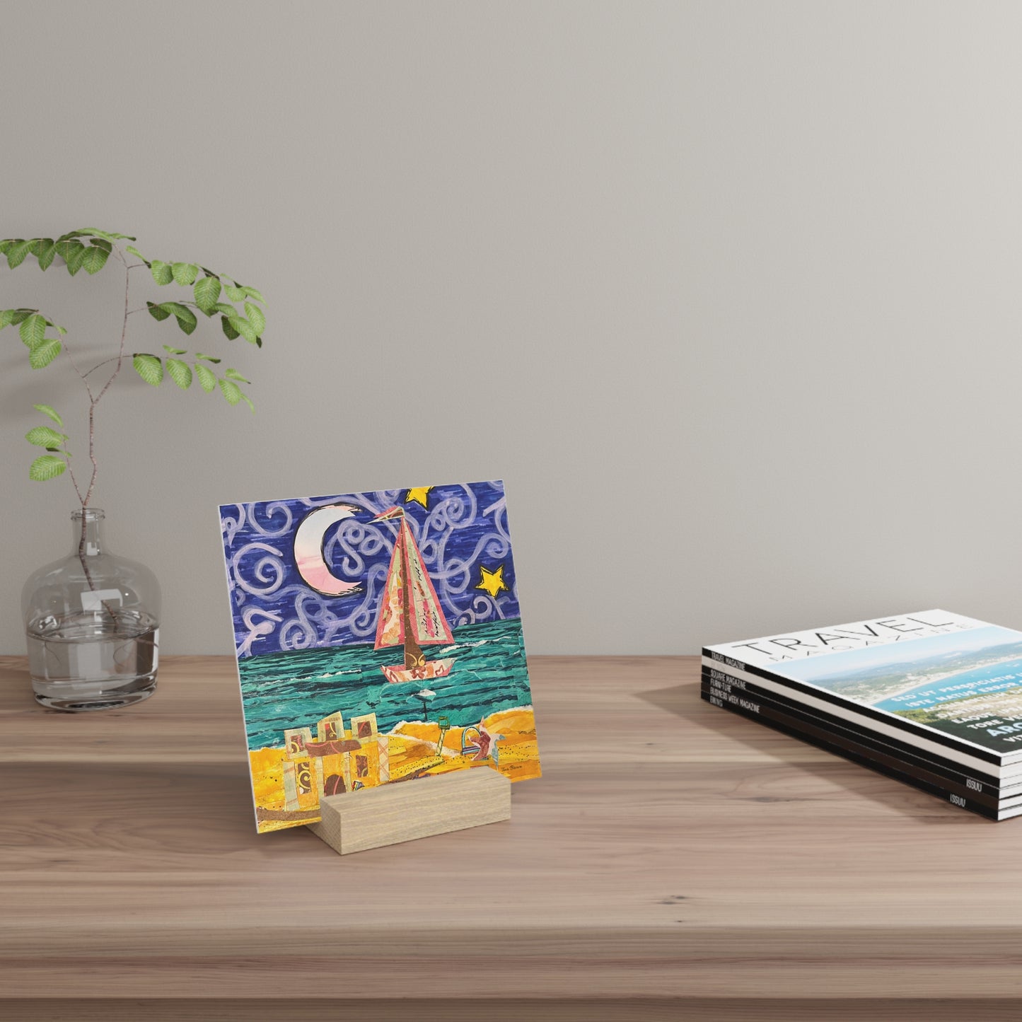 Sail Away Art Print on Board with Wooden Stand - Coastal Sailboat Scene