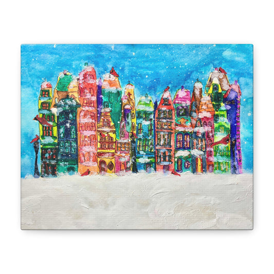 Colorful Winter Canvas Art Print, Holiday Decor, Snowy Town Wall Art, Christmas Gift, Cozy Home Decor, Festive Artwork