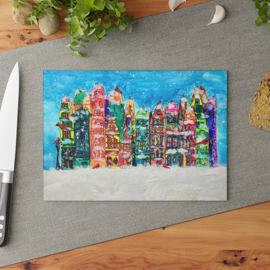 Colorful Glass Cutting Board, Holiday Kitchen Decor, Unique Gift for Chefs, Vibrant Kitchen Accessory, Winter Wonderland