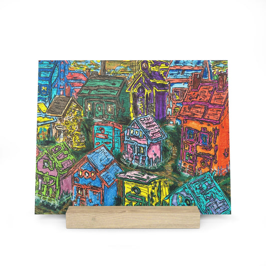 Colorful Village Art Print on a Gallery Board with Stand - for Home Decor