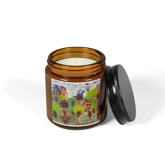 Whimsical Amber Jar Soy Candle with Cozy Village Design, Gift, Home Decor,