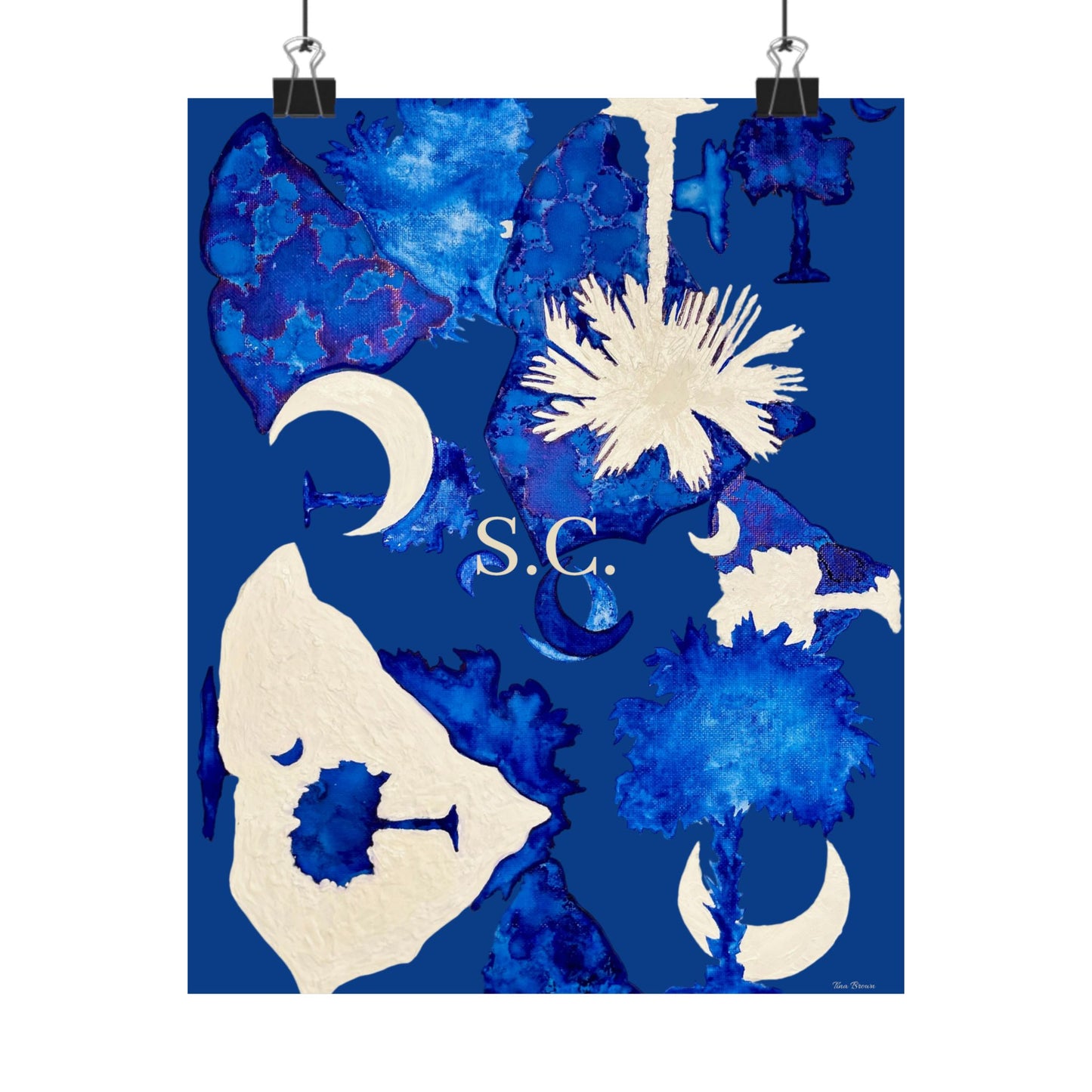 South Carolina Matte Poster - Blue Palm Tree & Moon Design - Artist Tina Brown