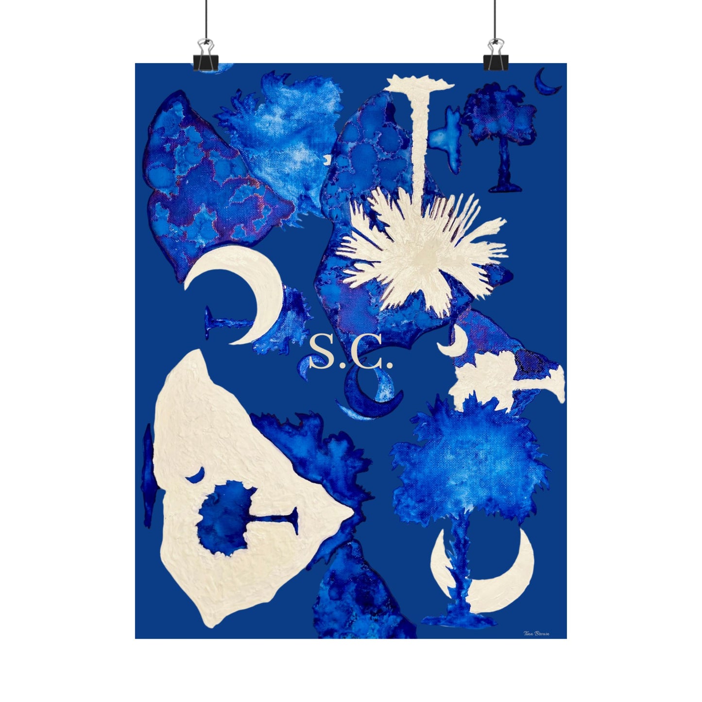 South Carolina Matte Poster - Blue Palm Tree & Moon Design - Artist Tina Brown