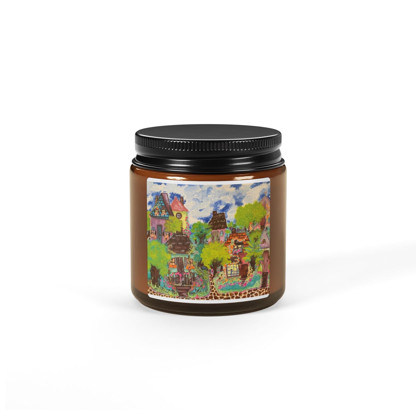 Whimsical Amber Jar Soy Candle with Cozy Village Design, Gift, Home Decor,
