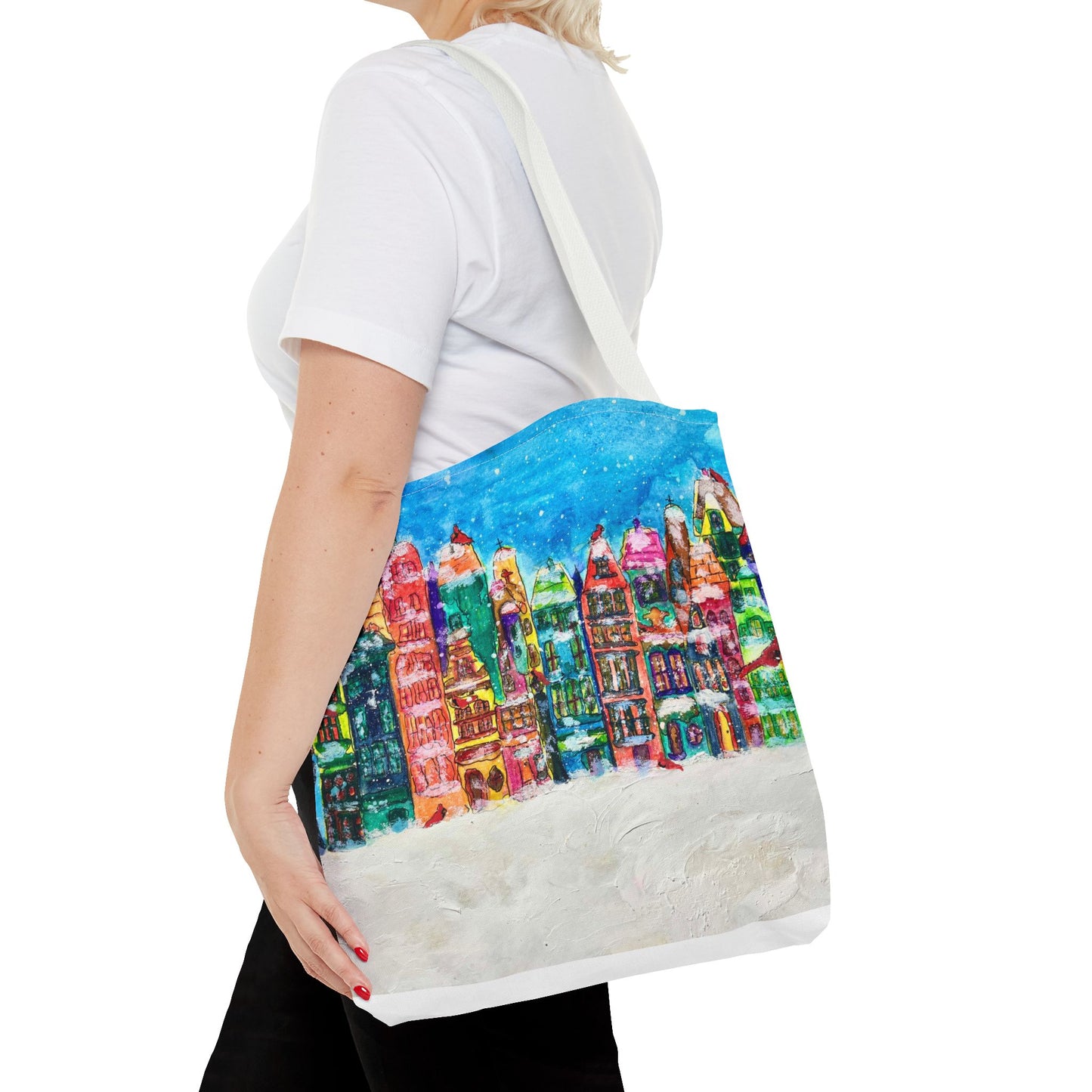 Winter Wonderland Tote Bag, Colorful Cityscape Carryall, Holiday Gift, Christmas Shopping Bag, Reusable Eco-Friendly Style