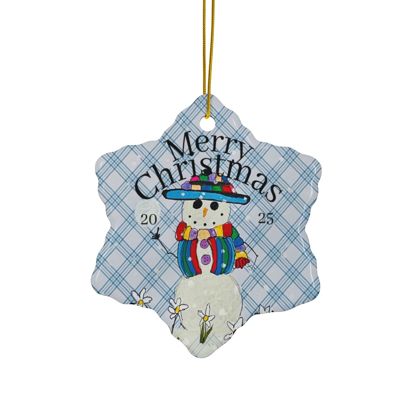 Blue Plaid Snowman Ornament
