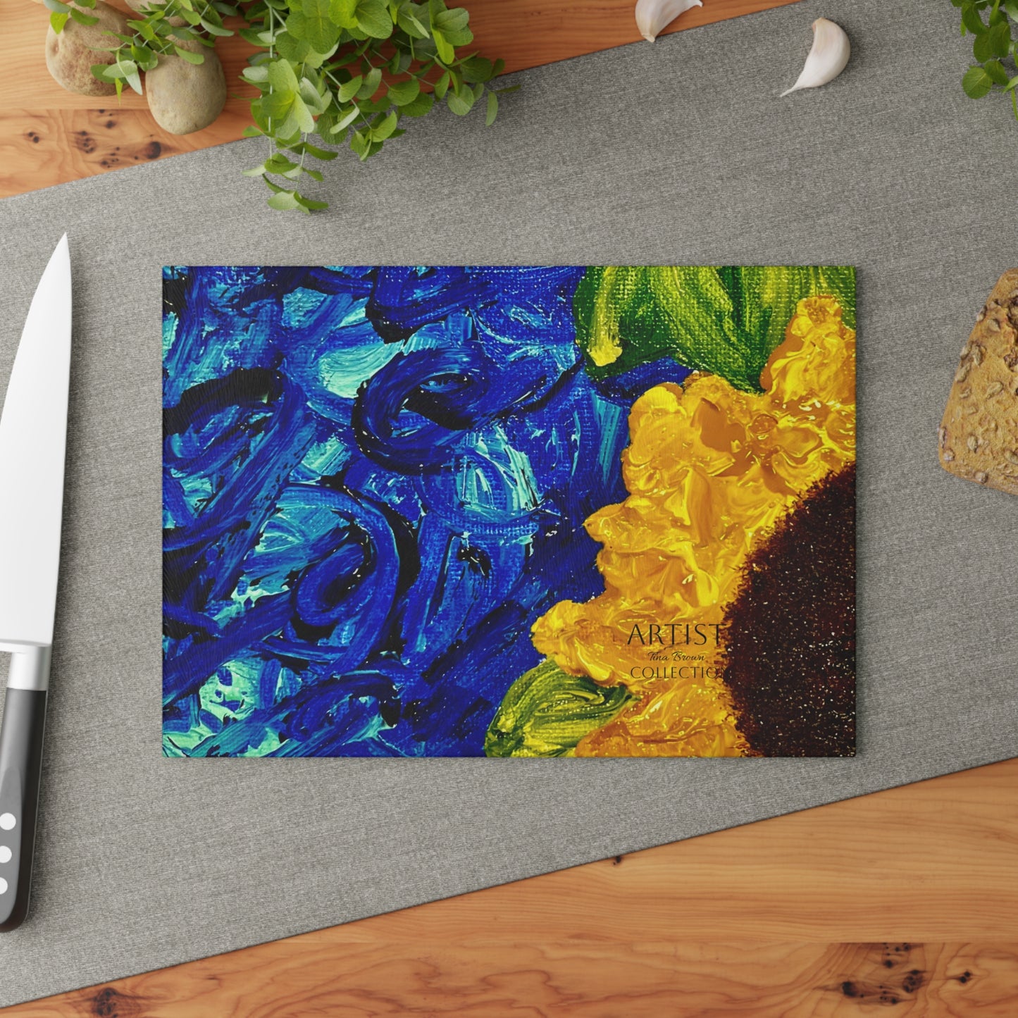 Vibrant Glass Cutting Board with Sunflower Design, Kitchen Decor, Gift for Chefs, Housewarming, Floral Art, Unique Cooking Gift