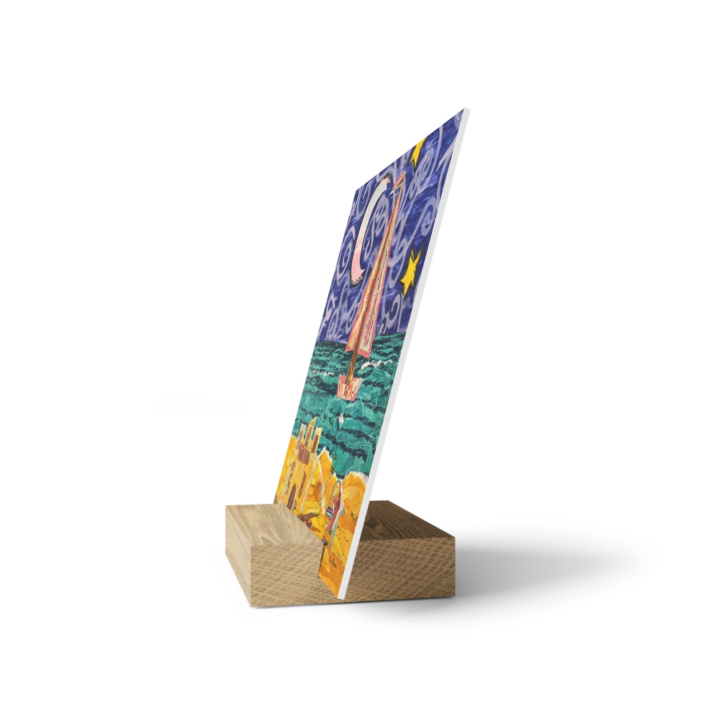 Sail Away Art Print on Board with Wooden Stand - Coastal Sailboat Scene