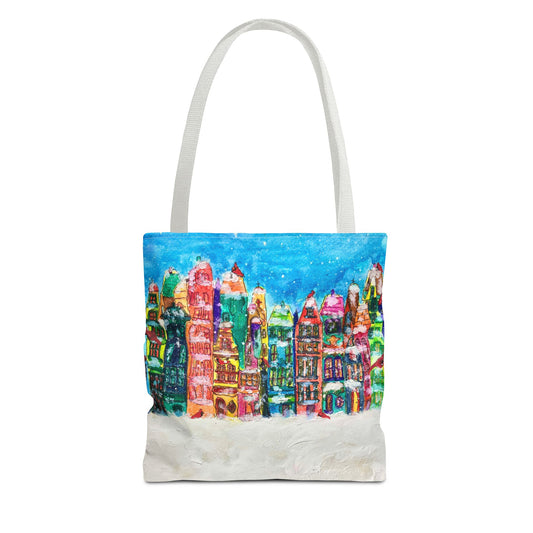 Winter Wonderland Tote Bag, Colorful Cityscape Carryall, Holiday Gift, Christmas Shopping Bag, Reusable Eco-Friendly Style