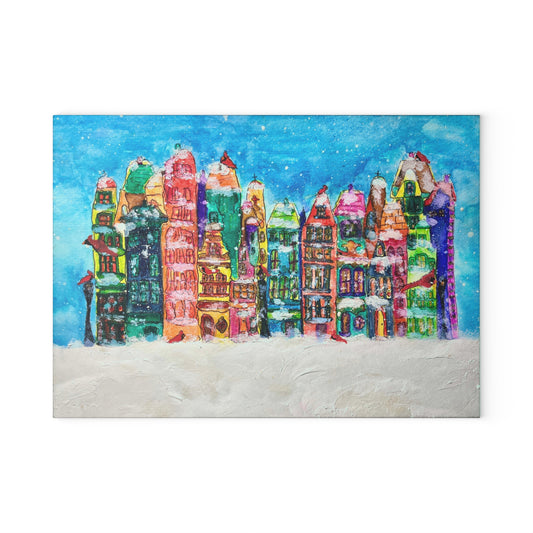 Colorful Glass Cutting Board, Holiday Kitchen Decor, Unique Gift for Chefs, Vibrant Kitchen Accessory, Winter Wonderland