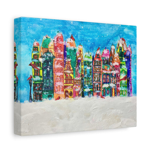Colorful Winter Canvas Art Print, Holiday Decor, Snowy Town Wall Art, Christmas Gift, Cozy Home Decor, Festive Artwork